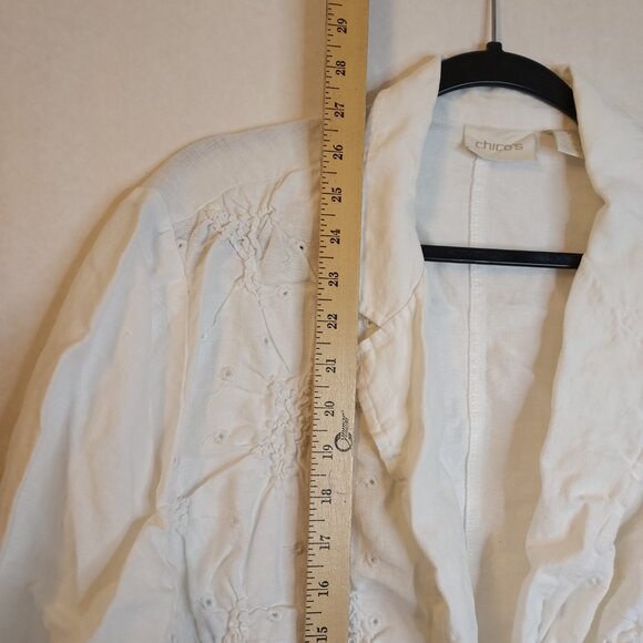 Chico's Linen Blazer Women's XL White Ruched Front Eyelet Mother of Pearl Button - Picture 12 of 15